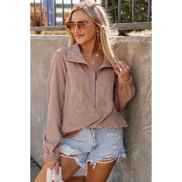 Azura Exchange  Apricot Ribbed Texture Half Zip Collared Sweatshirt - Picture 10 of 16